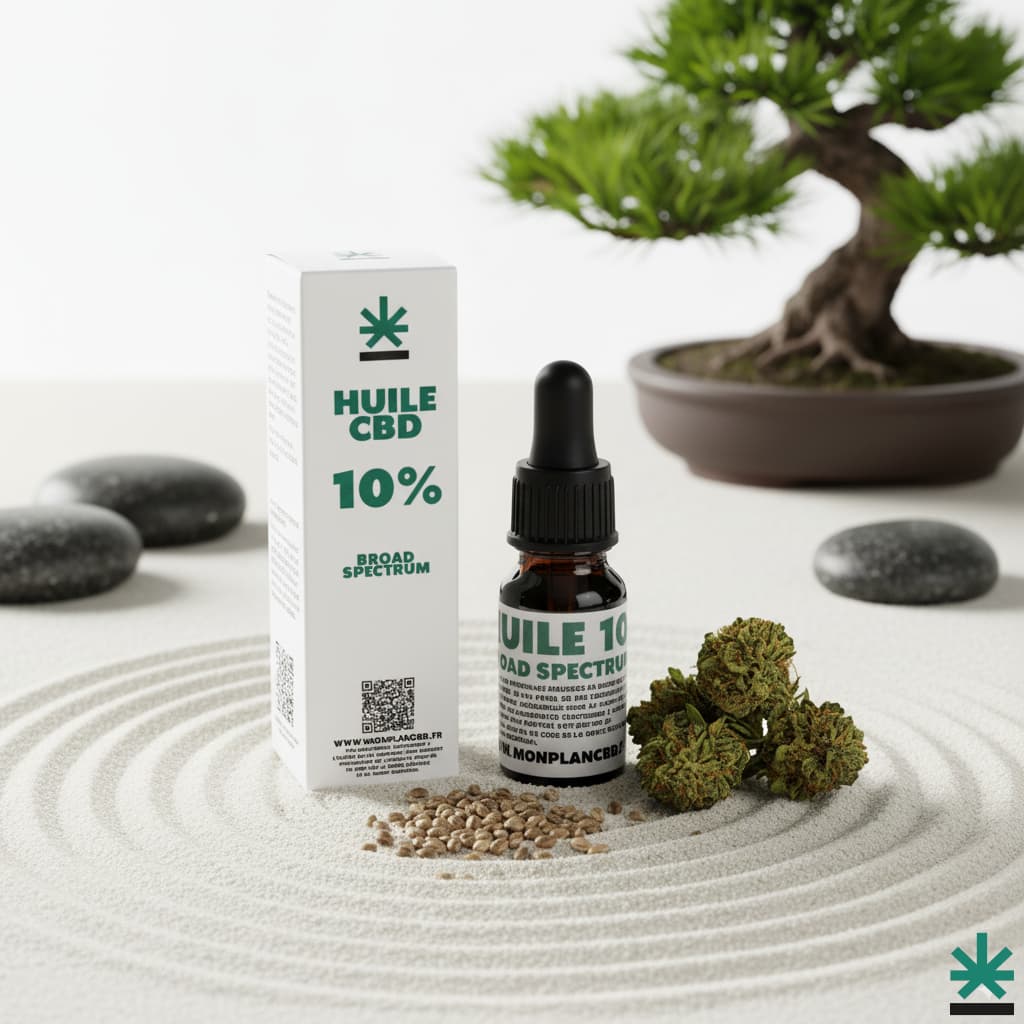 Huile de chanvre CBD 10% Broad Spectrum (sans THC) présentée avec ses ingrédients d'origine : fleurs et graines de chanvre, dans une ambiance naturelle et apaisante.