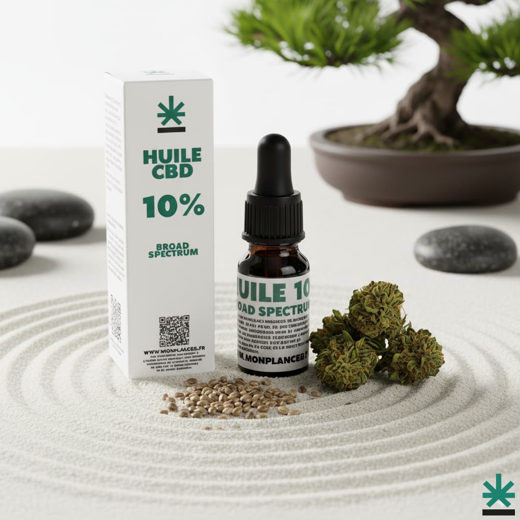 Huile CBD 10% pour la gestion du stress et la relaxation, dans un cadre zen symbolisant la détente et le calme intérieur.