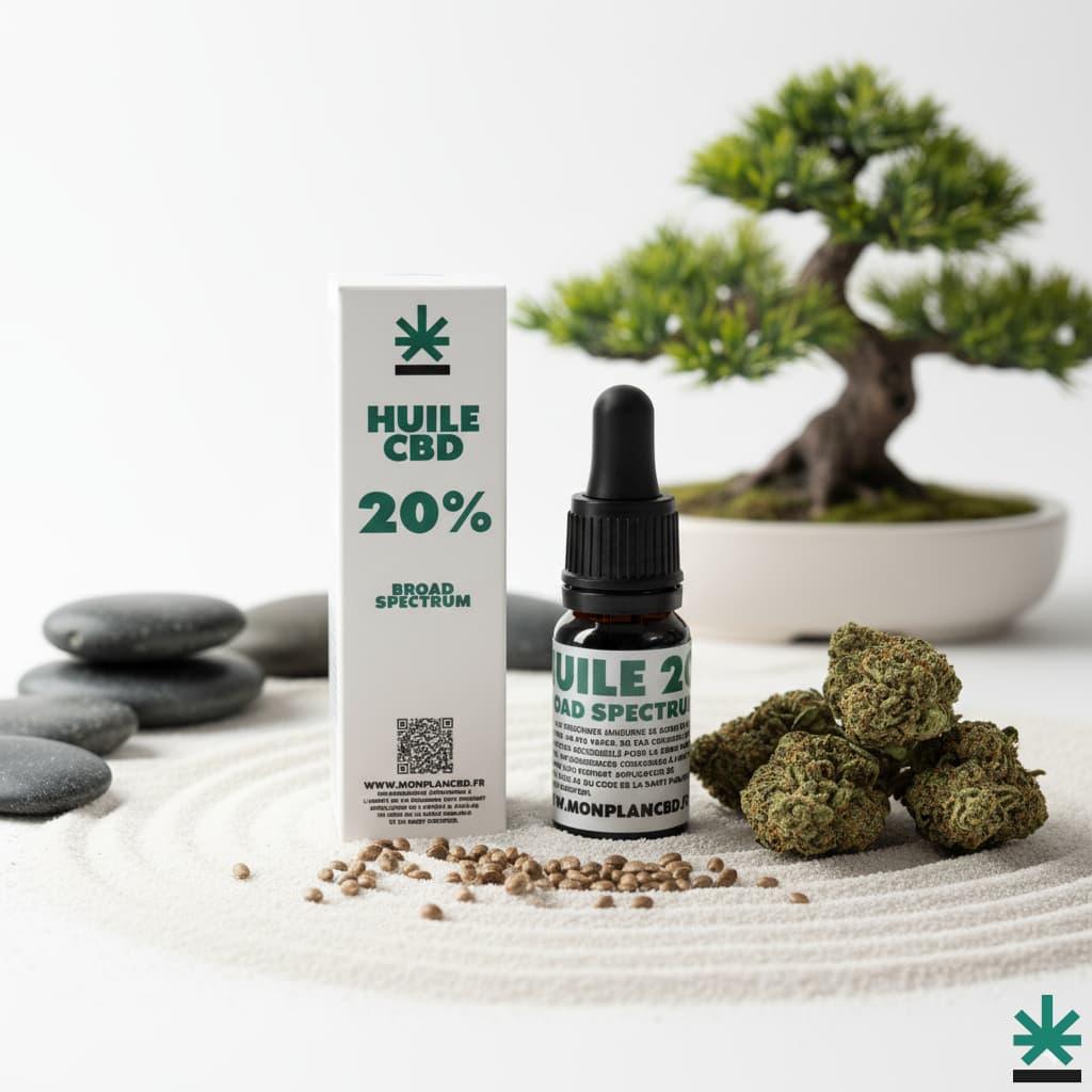 Flacon et boîte d'huile CBD Broad Spectrum 20% (haute concentration) dans un décor zen avec un bonsaï, des fleurs et graines de chanvre sur du sable blanc.
