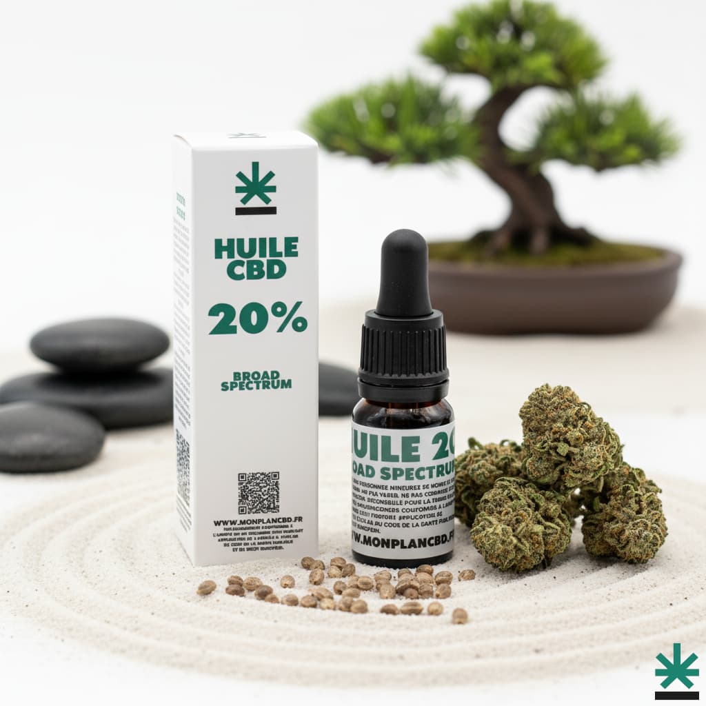 Huile de chanvre CBD à large spectre 20%, un produit pur et puissant sans THC, présenté aux côtés de ses composants d'origine (fleurs et graines).