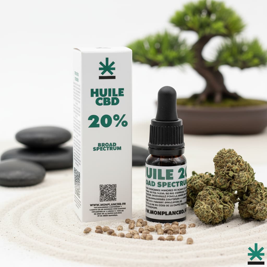 Huile CBD 20% Broad Spectrum pour un soutien intense, dans une ambiance zen symbolisant la relaxation profonde et le soulagement.