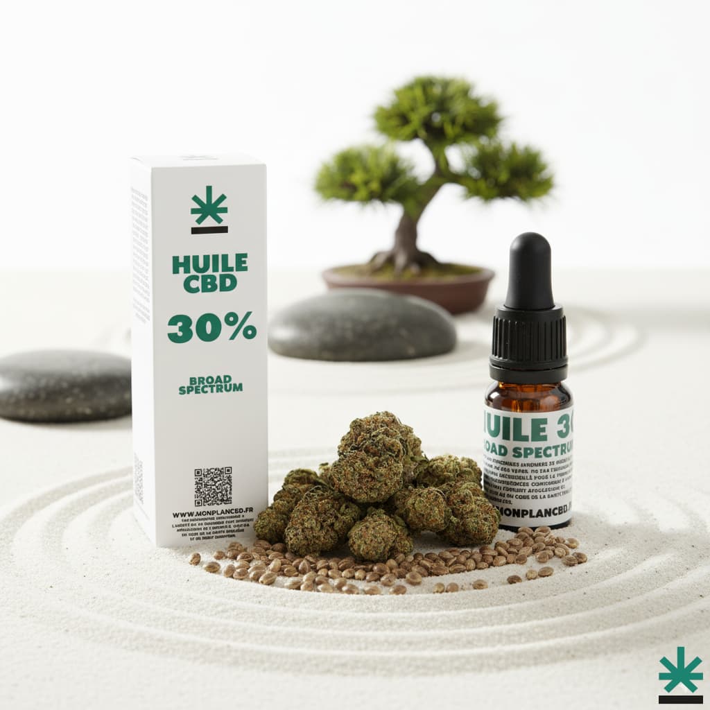 Flacon et emballage de l'huile CBD Broad Spectrum 30% (extra-forte), la plus haute concentration, dans un décor zen avec bonsaï, fleurs et graines de chanvre.
