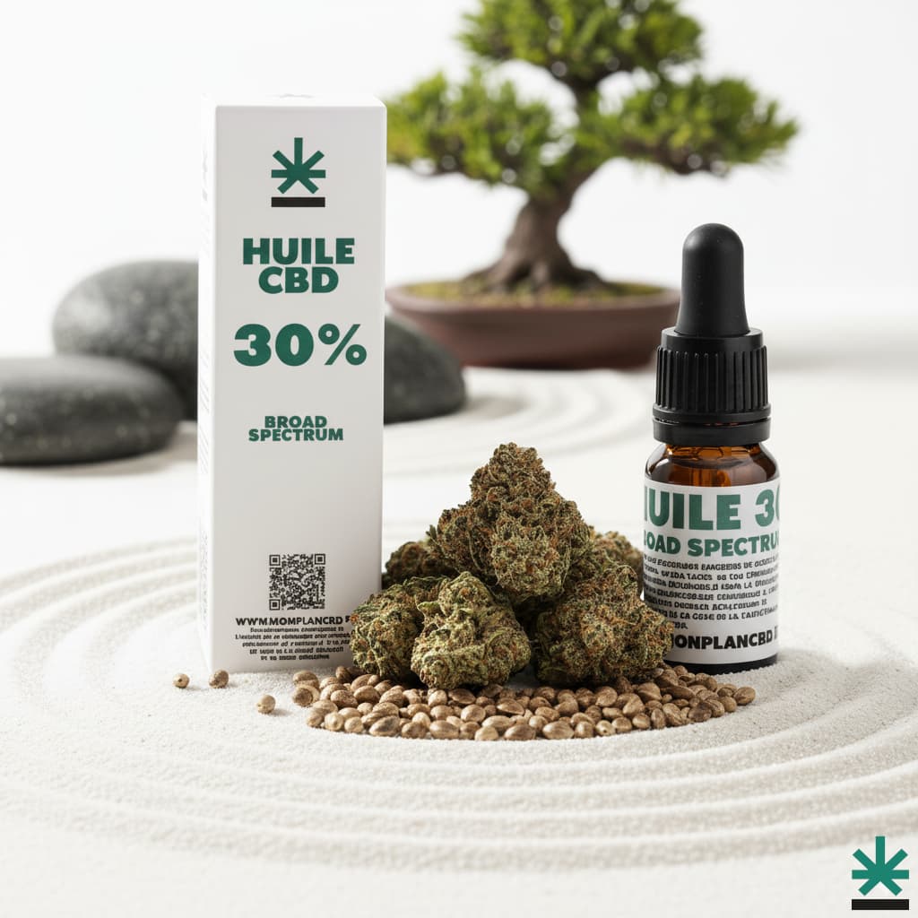 Huile de chanvre CBD 30% à large spectre, une formule pure et extra-forte sans THC, mise en valeur par ses ingrédients d'origine (fleurs et graines).