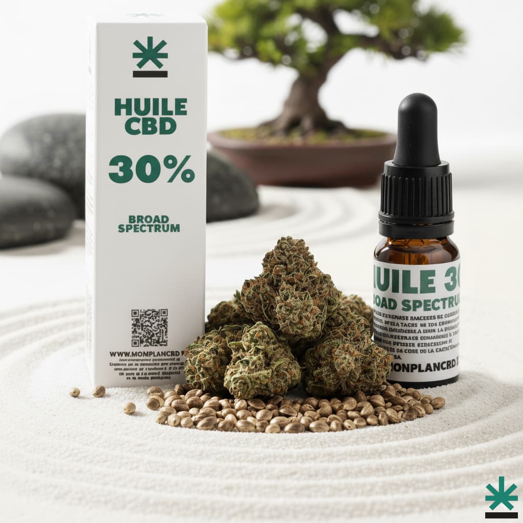 Huile CBD 30% pour un soutien maximal et un bien-être intense, dans un cadre zen qui évoque une relaxation et un soulagement profonds.