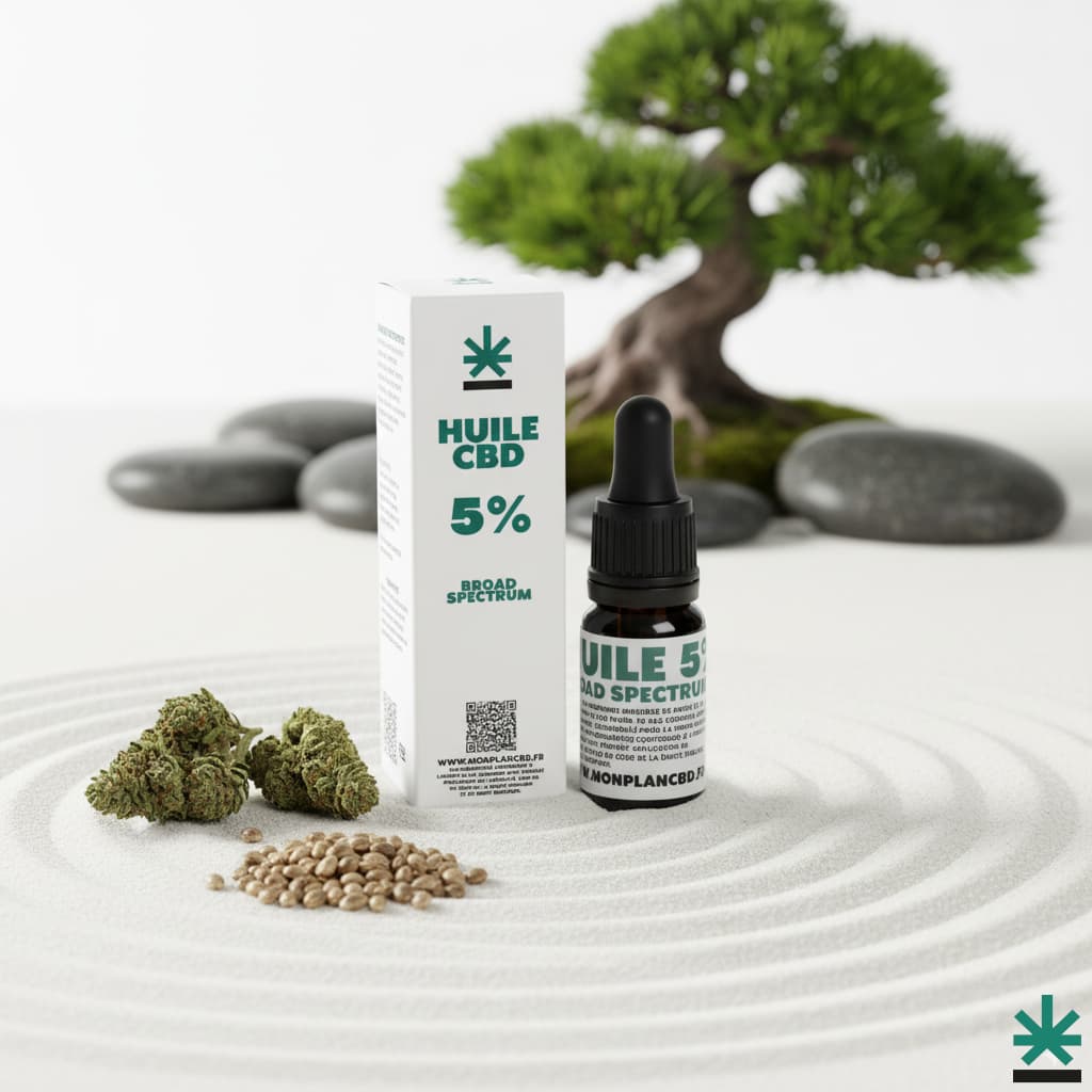 Flacon et boîte d'huile CBD Broad Spectrum 5% présentés dans un décor de jardin zen avec un bonsaï, des fleurs de CBD et des graines de chanvre sur du sable blanc.