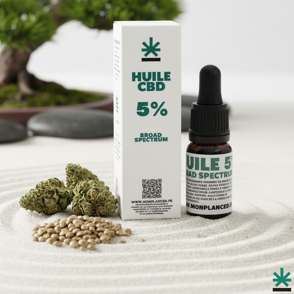 Gros plan sur la boîte et le flacon de l'huile de chanvre CBD 5% Broad Spectrum, à côté de bourgeons et de graines de chanvre.