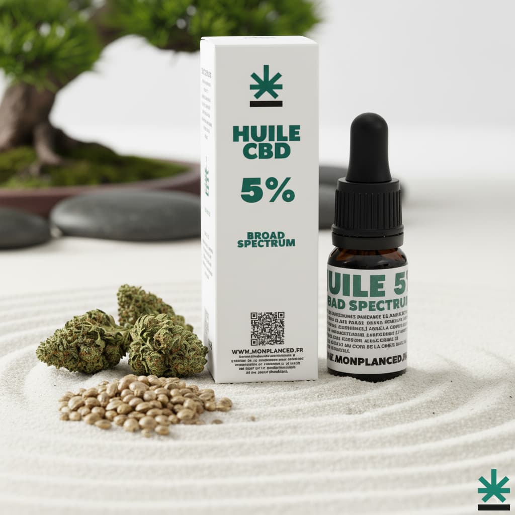 Huile de CBD 5% Broad Spectrum avec son emballage, illustrant l'origine naturelle du produit avec des fleurs et graines de chanvre.