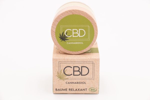 Pot et boîte du Baume Relaxant CBD Bio MONPLANCBD, certifié Bio, fabriqué en France.