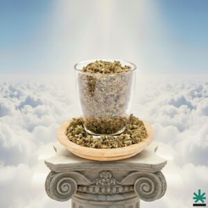 Gros plan sur un mélange de petites têtes (popcorn buds) et de trim de CBD, illustrant la composition généreuse du mix.