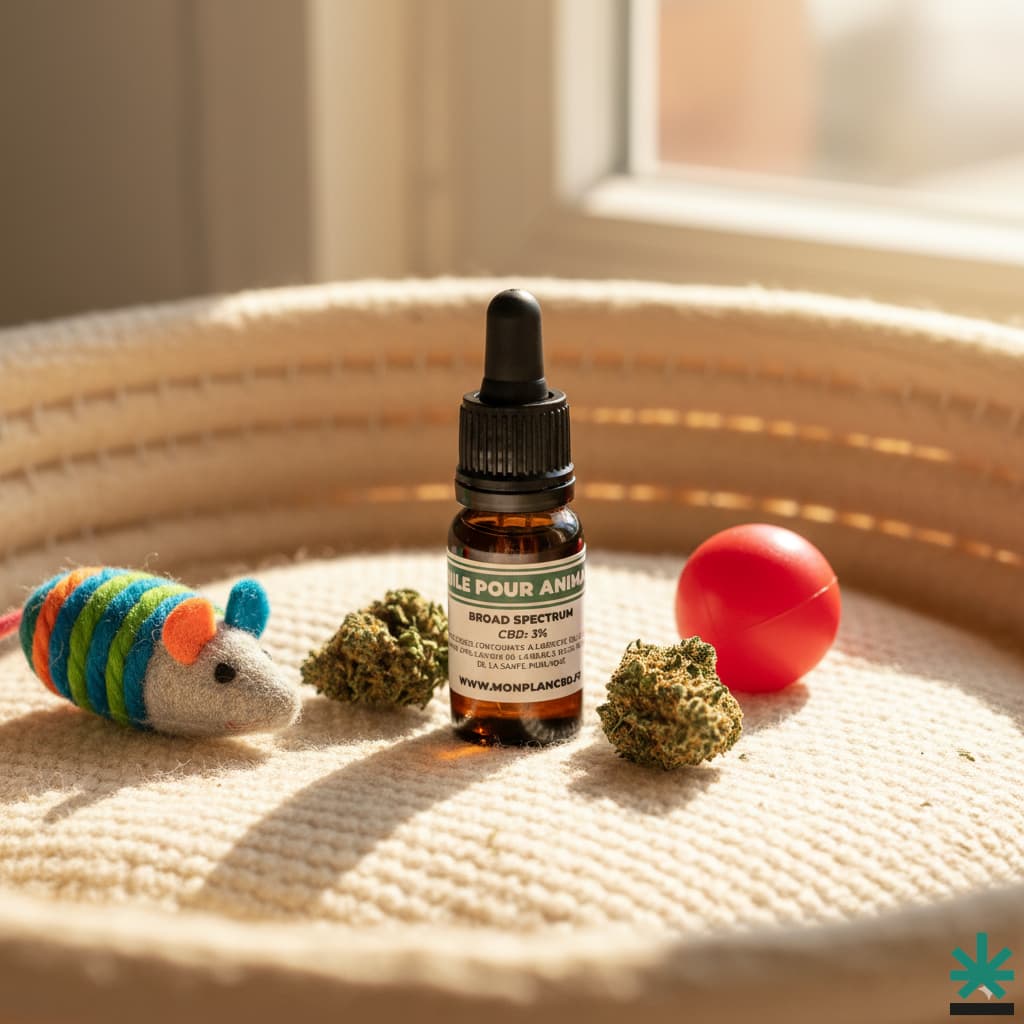 Flacon d'huile de CBD 3% pour animaux, posé dans un panier douillet avec des jouets pour chat (souris, balle) et des fleurs de CBD.