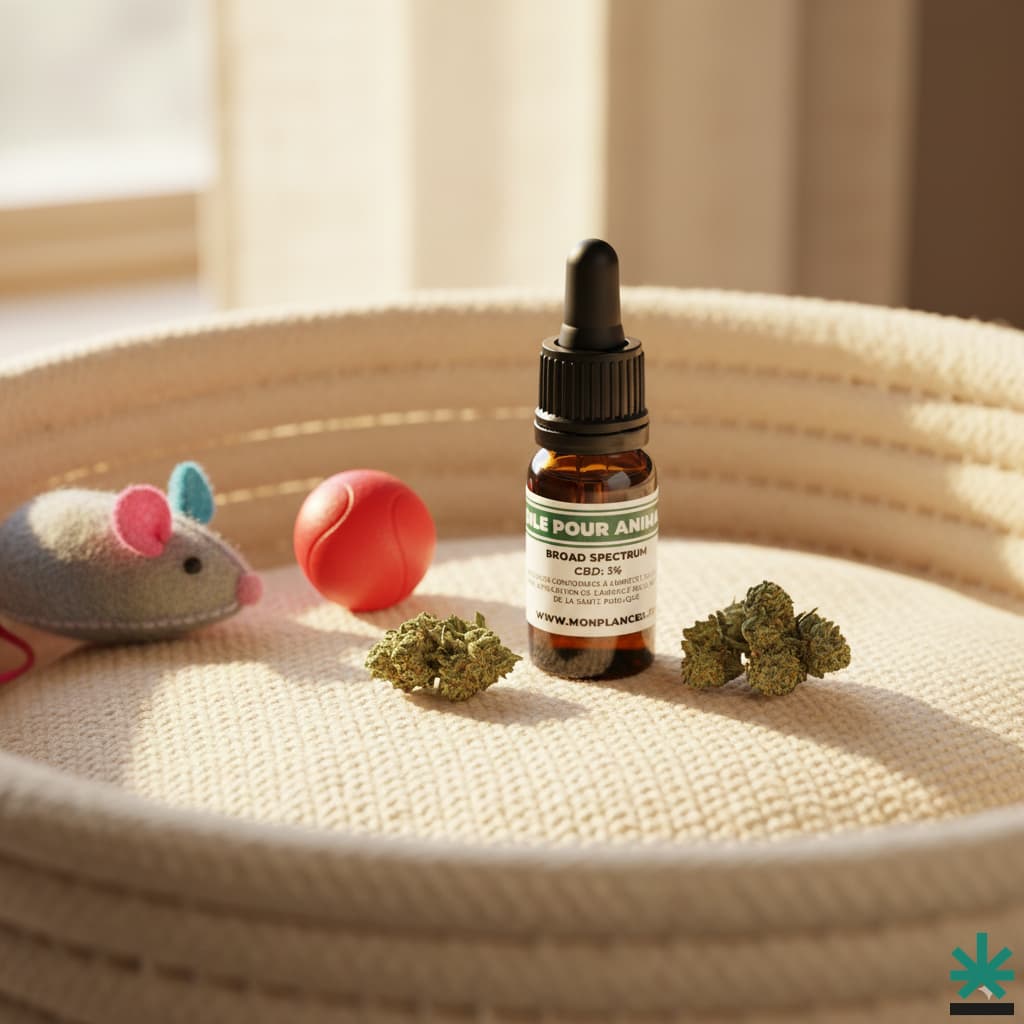 Huile de CBD 3% pour le stress des animaux (chats, chiens), présentée dans un panier confortable avec des jouets pour symboliser le jeu et la détente.