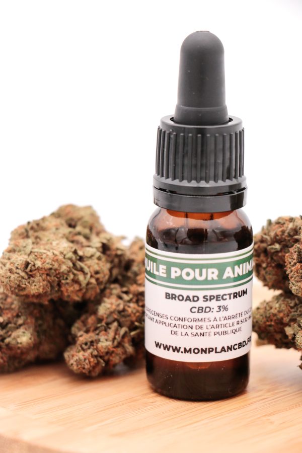 Gros plan sur l'étiquette "HUILE POUR ANIMAUX CBD: 3%" du flacon MONPLANCBD - CBD animaux sans THC.