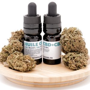 Deux flacons d'Huile CBD 20% + CBN 9% MONPLANCBD (10ml) sur socle en bois avec têtes de chanvre - Huile CBD CBN sommeil.