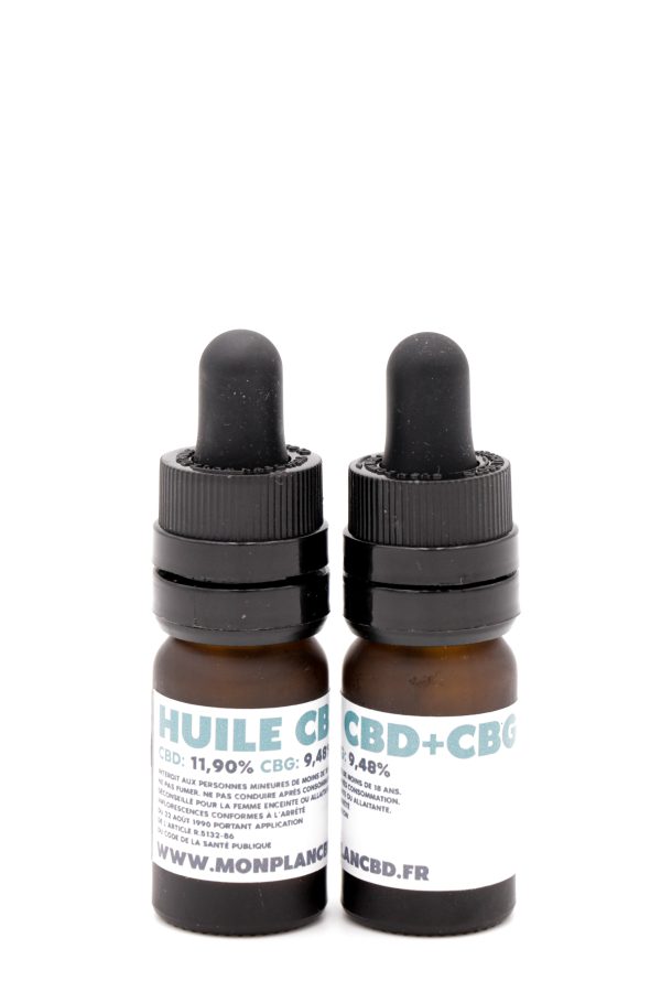 Deux flacons d'Huile CBD + CBG Full Spectrum MONPLANCBD (11.90% CBD, 9.48% CBG) côte à côte - Acheter huile CBD CBG.