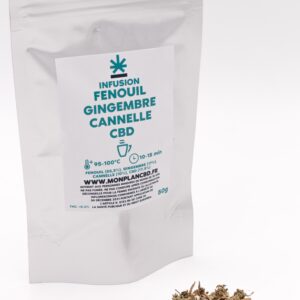Sachet de l'infusion CBD bio pour la digestion avec à côté un tas du mélange de fenouil, gingembre, cannelle et fleurs de CBD.
