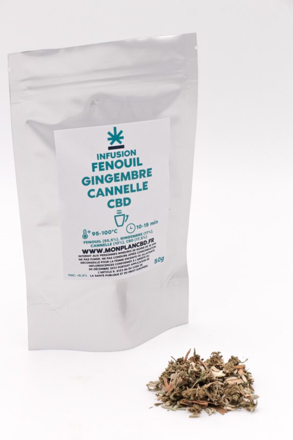 Sachet de l'infusion CBD bio pour la digestion avec à côté un tas du mélange de fenouil, gingembre, cannelle et fleurs de CBD.