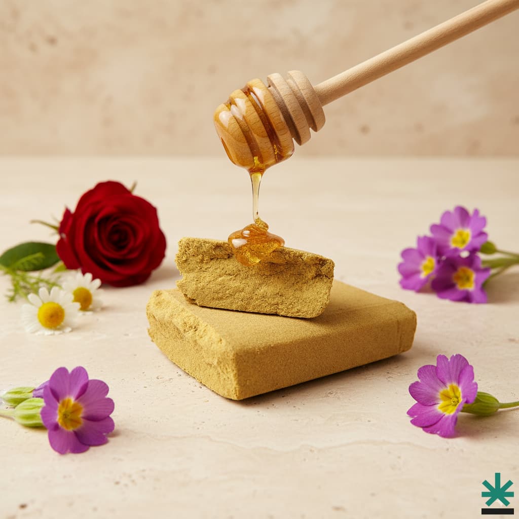Hash CBD Dosidos Dry Sift 120µ de couleur jaune clair, avec du miel coulant d'une cuillère en bois, entouré d'une rose rouge et de fleurs de primevère.