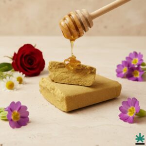 Bloc de pollen CBD Dosidos Dry Sift 120µ recevant une goutte de miel, avec des fleurs de camomille et une rose rouge en arrière-plan.