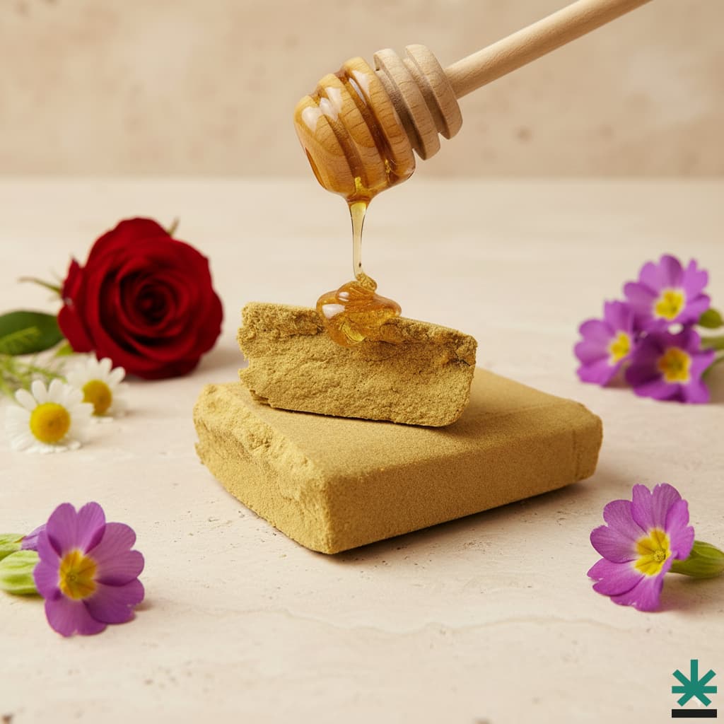 Bloc de pollen CBD Dosidos Dry Sift 120µ recevant une goutte de miel, avec des fleurs de camomille et une rose rouge en arrière-plan.