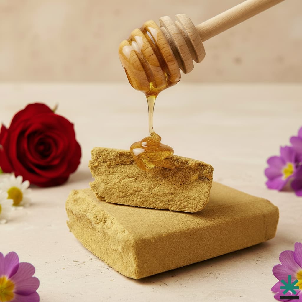 Gros plan sur la texture d'un bloc de hash CBD Dosidos Dry Sift 120µ, avec du miel et des fleurs pour représenter ses arômes naturels.