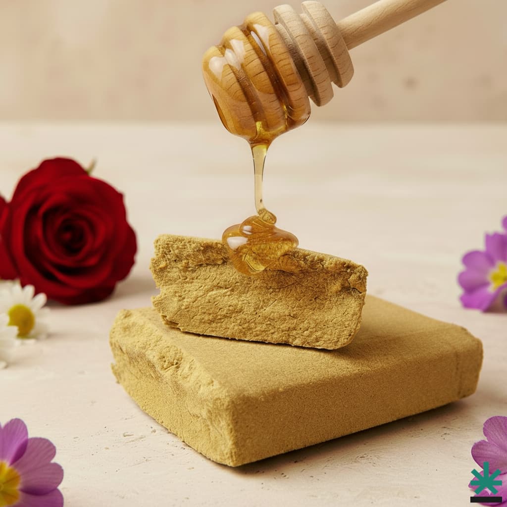 Résine de CBD Dosidos Dry Sift 120µ, avec un filet de miel doré et des fleurs colorées sur un fond clair.