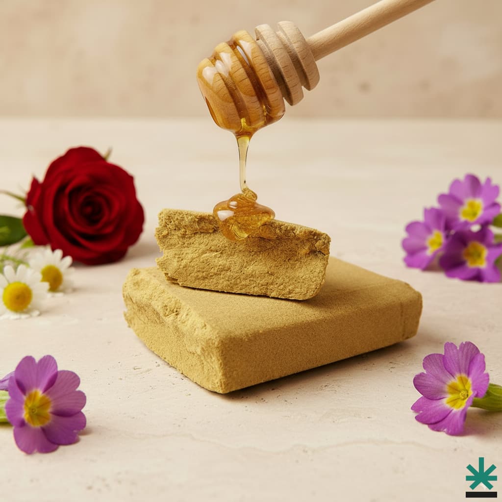 Composition artistique du hash CBD Dosidos Dry Sift 120µ avec du miel, une rose et des primevères.